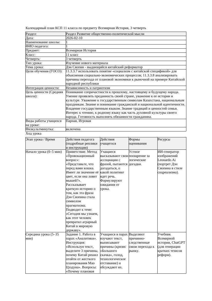 КСП Всемирная История 11класс 3четверть Дэн Сяопин выдающийся китайский
