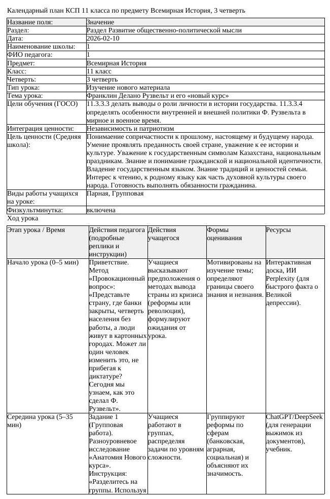 КСП Всемирная История 11 класс 3 четверть Франклин Делано Рузвельт (урок 1)