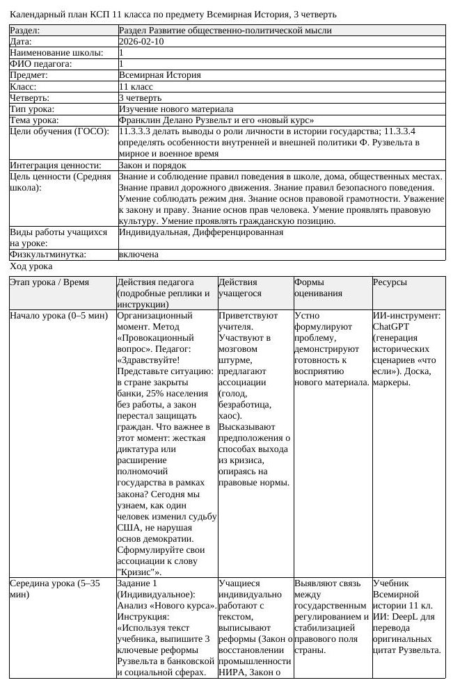 КСП Всемирная История 11 класс 3 четверть Франклин Делано Рузвельт (урок 2)
