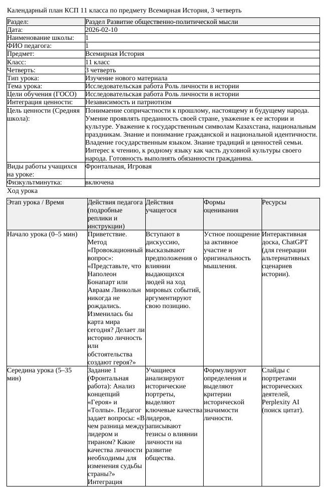 КСП Всемирная История 11 класс 3 четверть Исследовательская работа