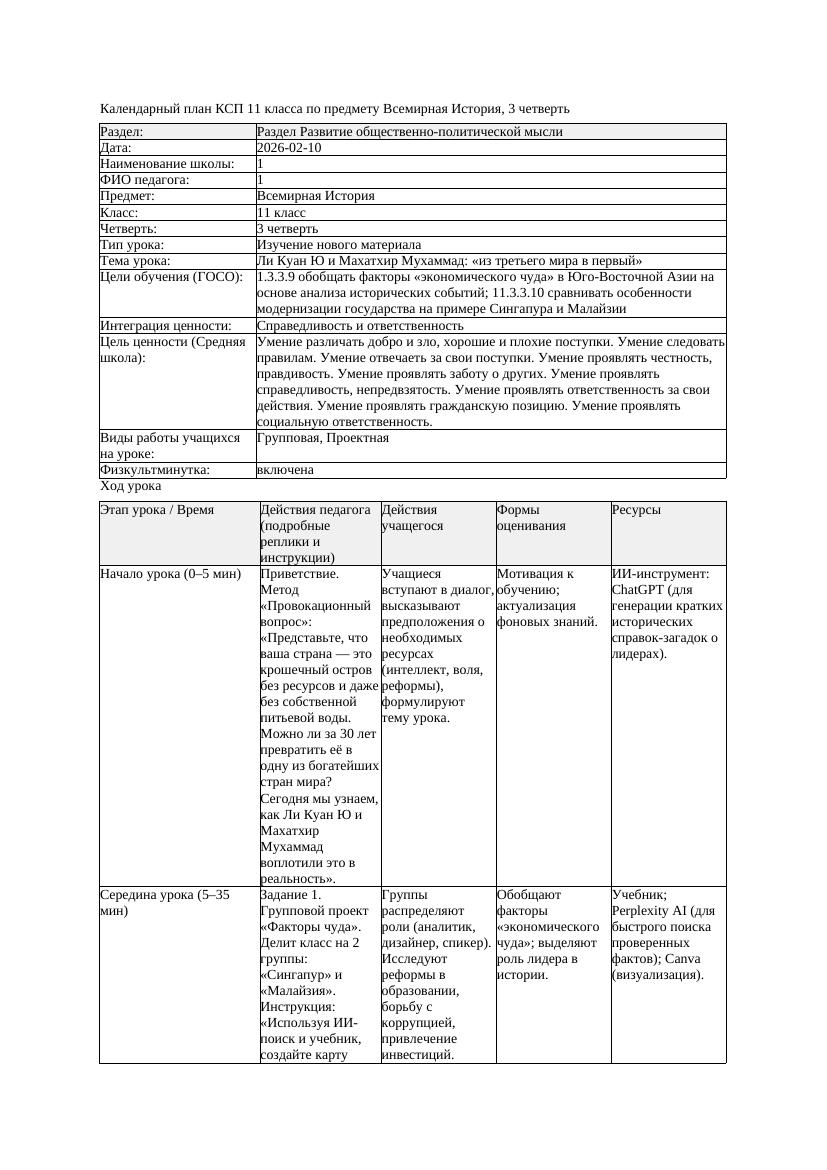 КСП Всемирная История 11класс 3четверть Ли Куан Ю и Махатхир Мухаммад