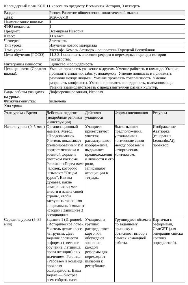 КСП Всемирная История 11 класс 3 четверть Мустафа Кемаль Ататюрк основатель (урок 2)