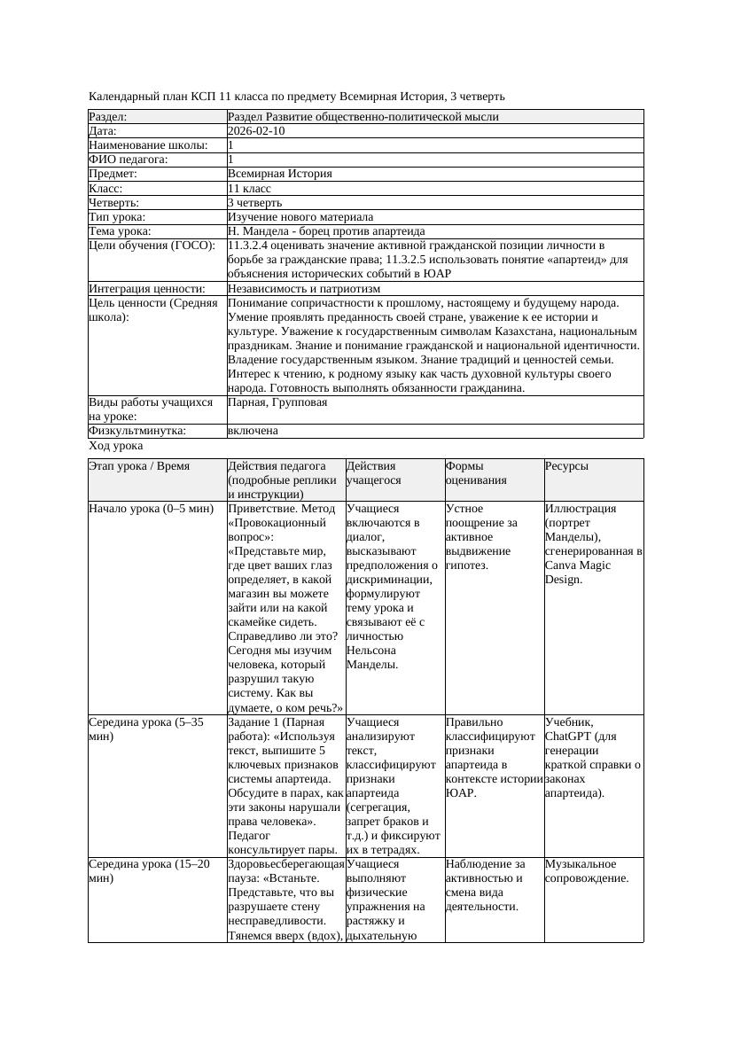 КСП Всемирная История 11класс 3четверть Н Мандела борец против апартеида