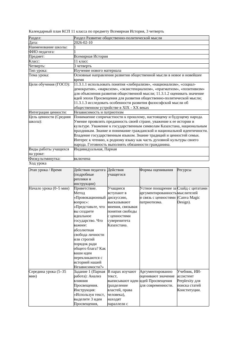 КСП Всемирная История 11класс 3четверть Основные направления развития