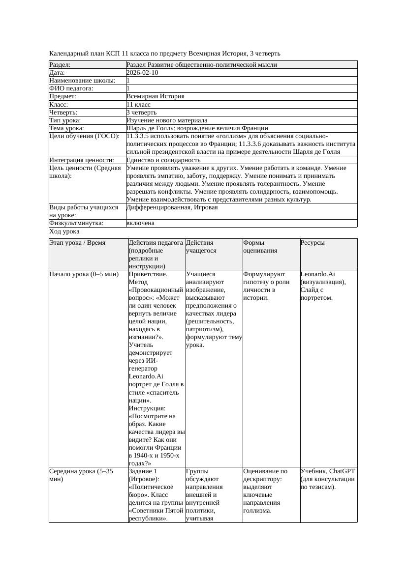 КСП Всемирная История 11класс 3четверть Шарль де Голль возрождение
