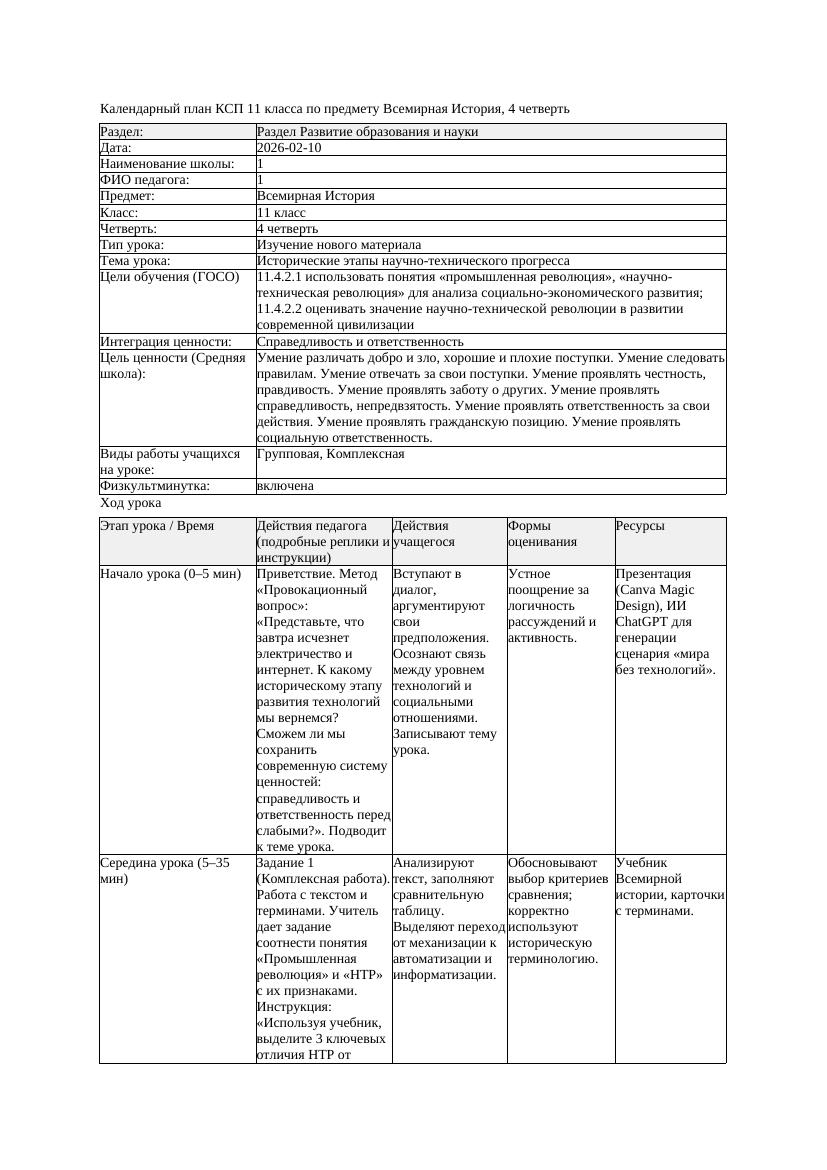 КСП Всемирная История 11класс 4четверть Исторические этапы научно