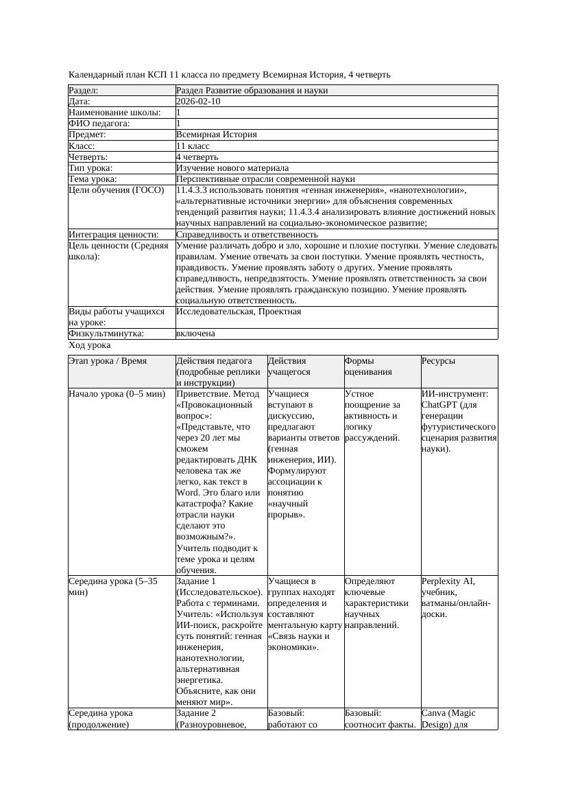 КСП Всемирная История 11класс 4четверть Перспективные отрасли современной