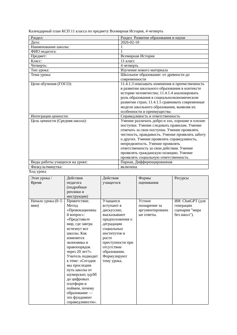 КСП Всемирная История 11класс 4четверть Школьное образование от