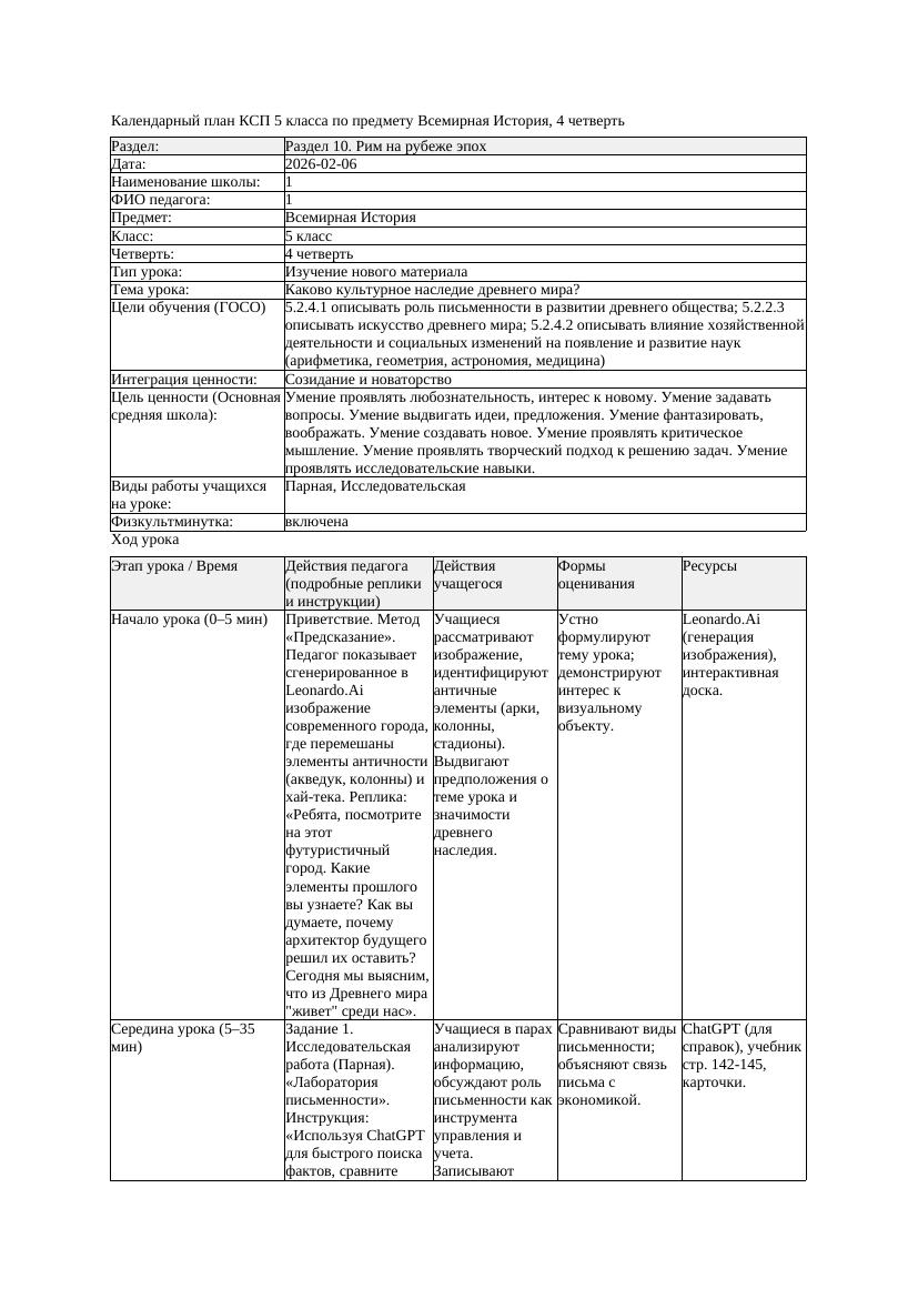 КСП Всемирная История 5класс 4четверть Каково культурное наследие