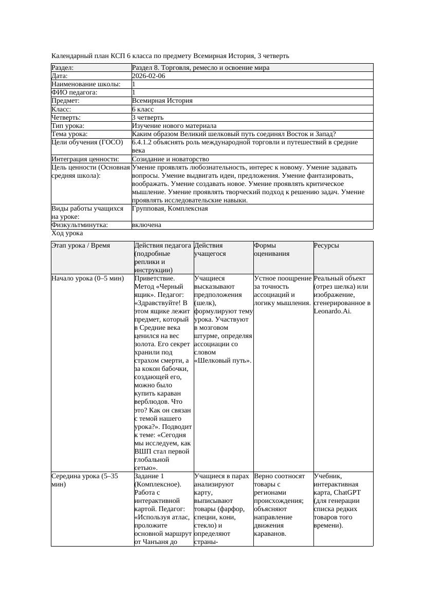 КСП Всемирная История 6класс 3четверть Каким образом Великий шелковый