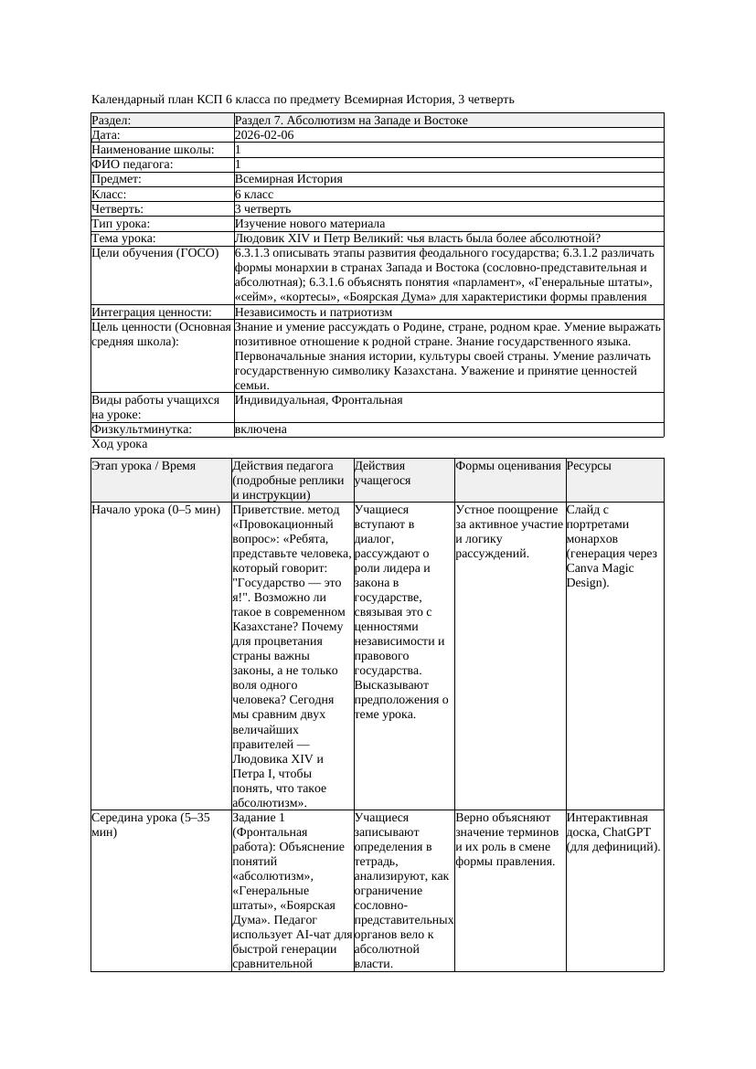 КСП Всемирная История 6класс 3четверть Людовик XIV и Петр Великий