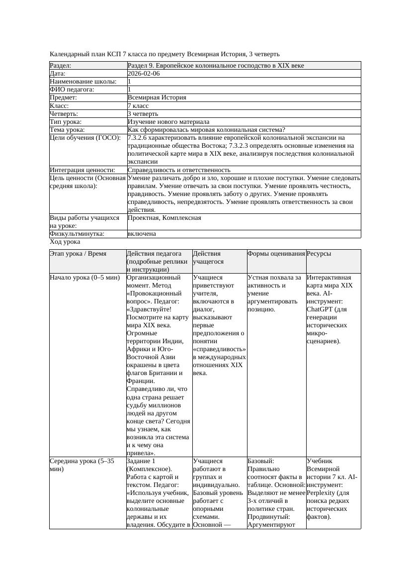 КСП Всемирная История 7класс 3четверть Как сформировалась мировая