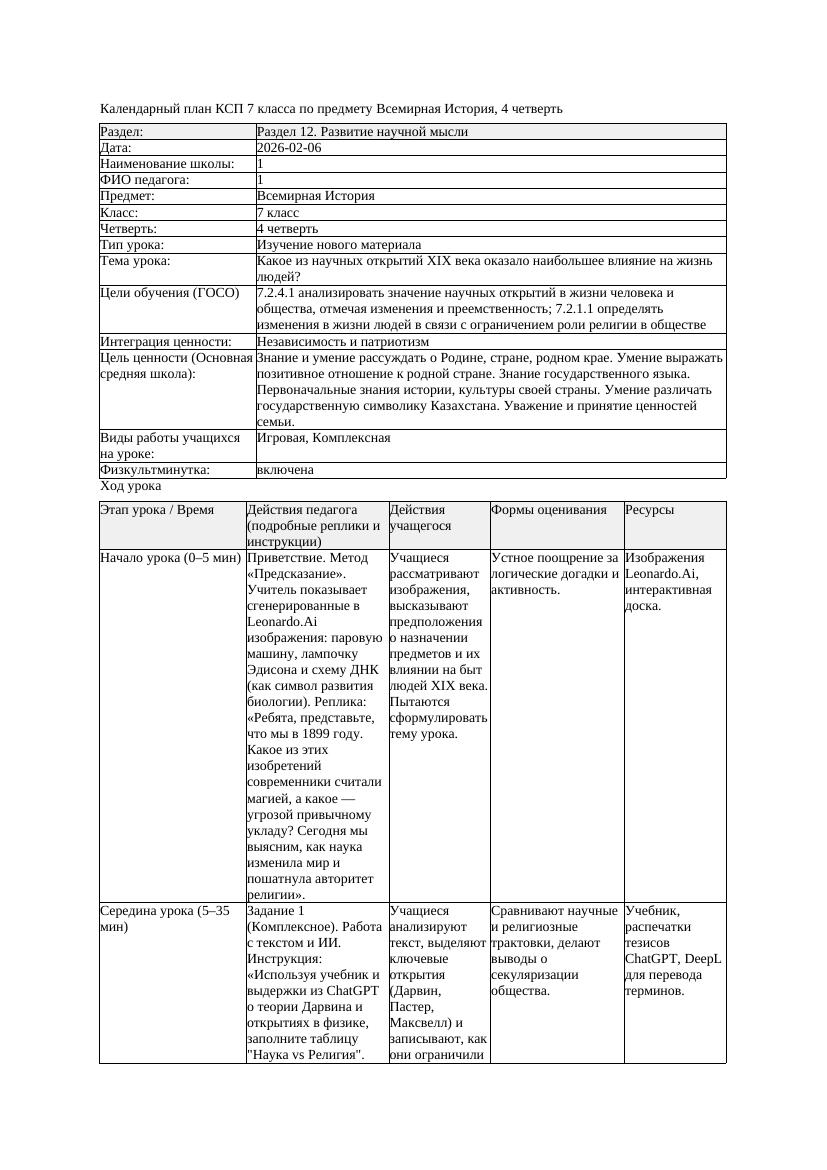 КСП Всемирная История 7класс 4четверть Какое из научных открытий