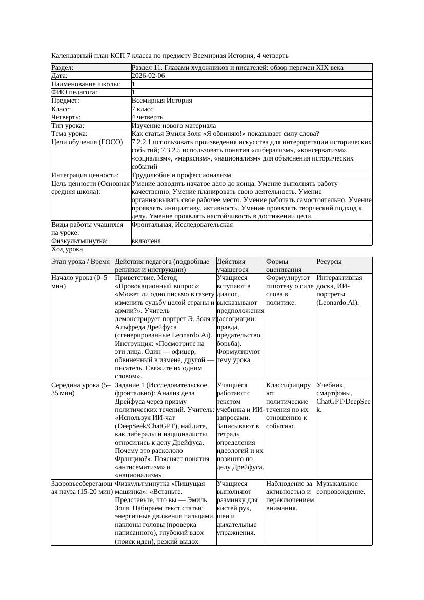 КСП Всемирная История 7класс 4четверть Как статья Эмиля Золя Я обвиняю