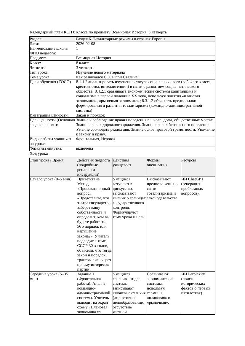 КСП Всемирная История 8класс 3четверть Как развивался СССР при Сталине
