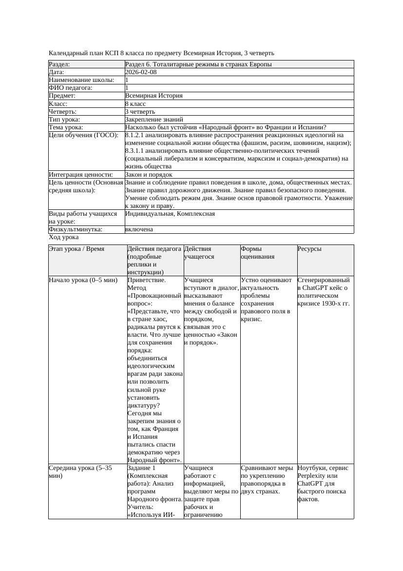 КСП Всемирная История 8класс 3четверть Насколько был устойчив Народный