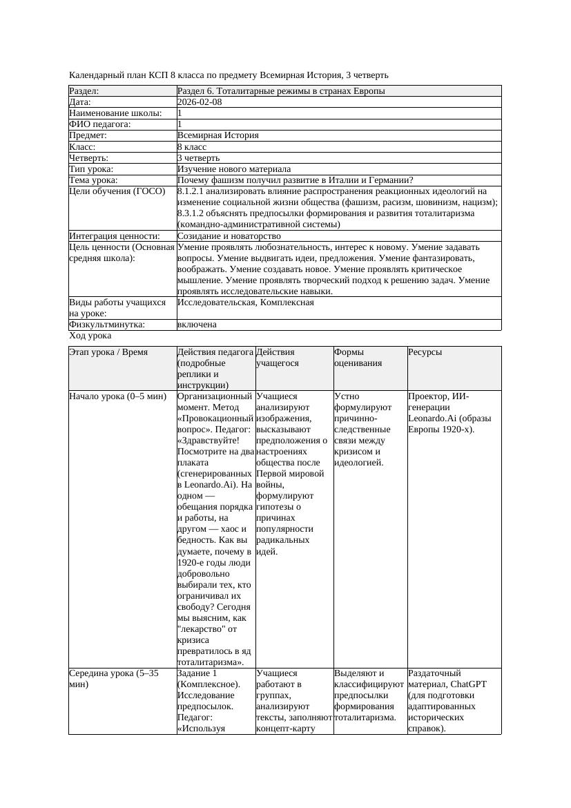 КСП Всемирная История 8класс 3четверть Почему фашизм получил развитие