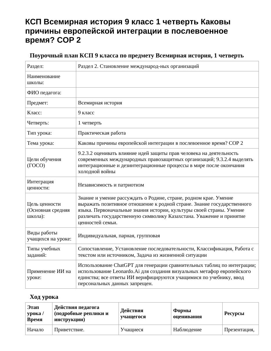 КСП Всемирная история 9 класс 1 четверть Каковы причины европейской интеграции в послевоенное время? СОР 2