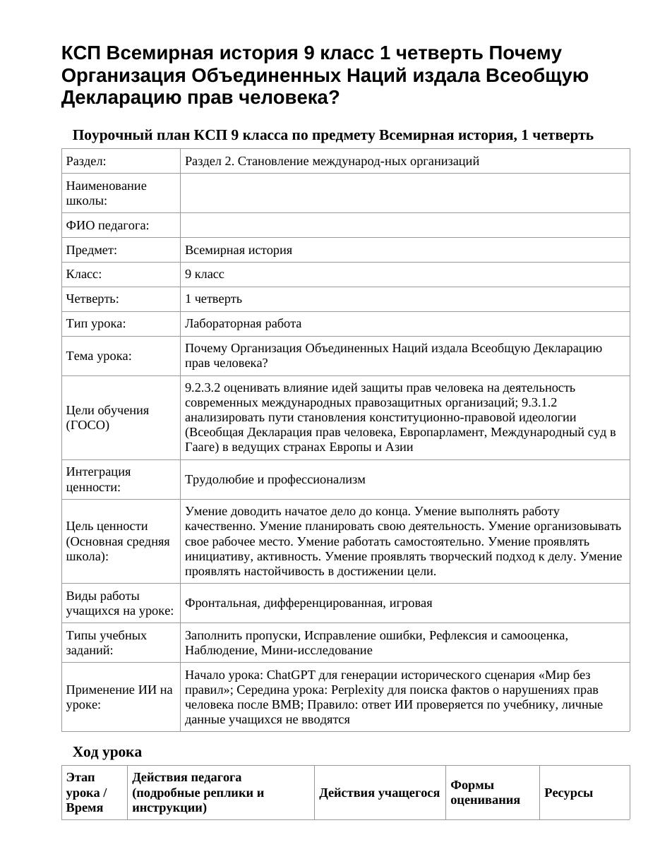 КСП Всемирная история 9 класс 1 четверть Почему Организация Объединенных Наций издала Всеобщую Декларацию прав человека?