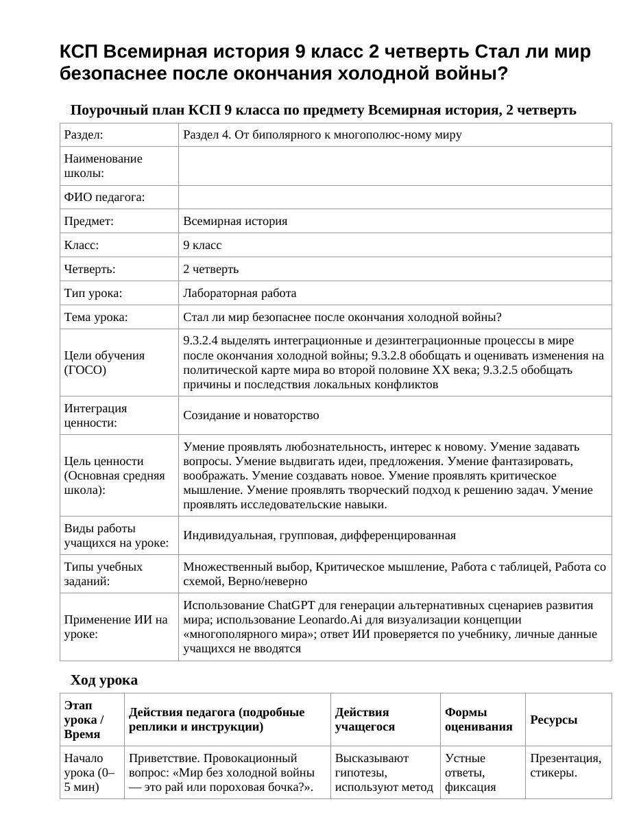 КСП Всемирная история 9 класс 2 четверть Стал ли мир безопаснее после окончания холодной войны?