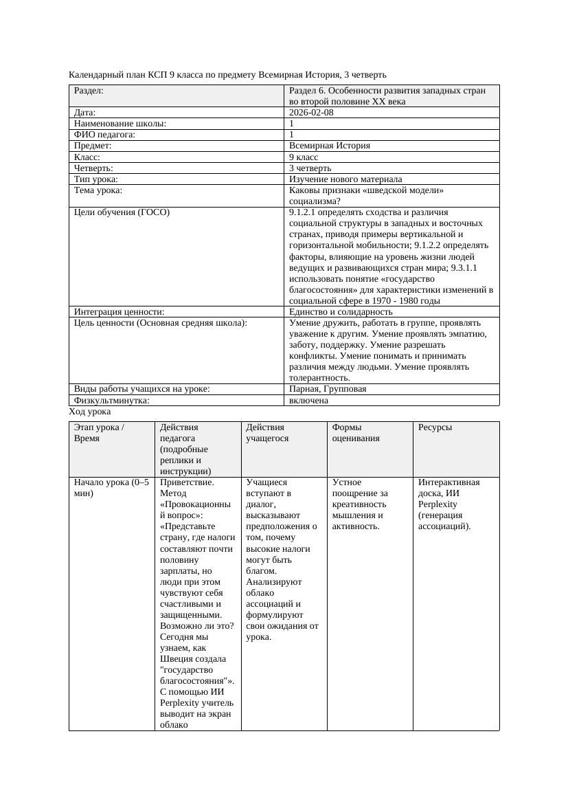 КСП Всемирная История 9класс 3четверть Каковы признаки шведской