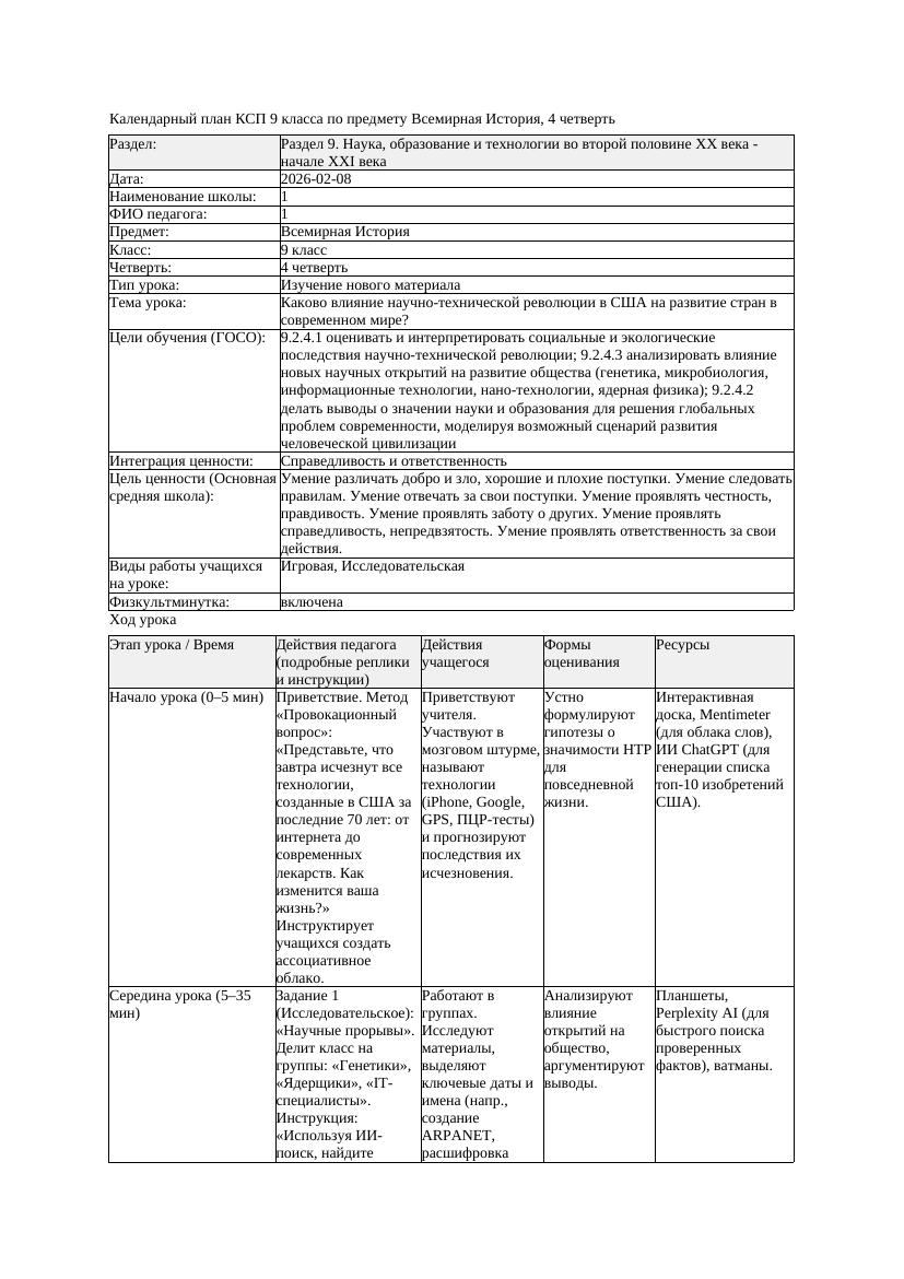 КСП Всемирная История 9класс 4четверть Каково влияние научно технической