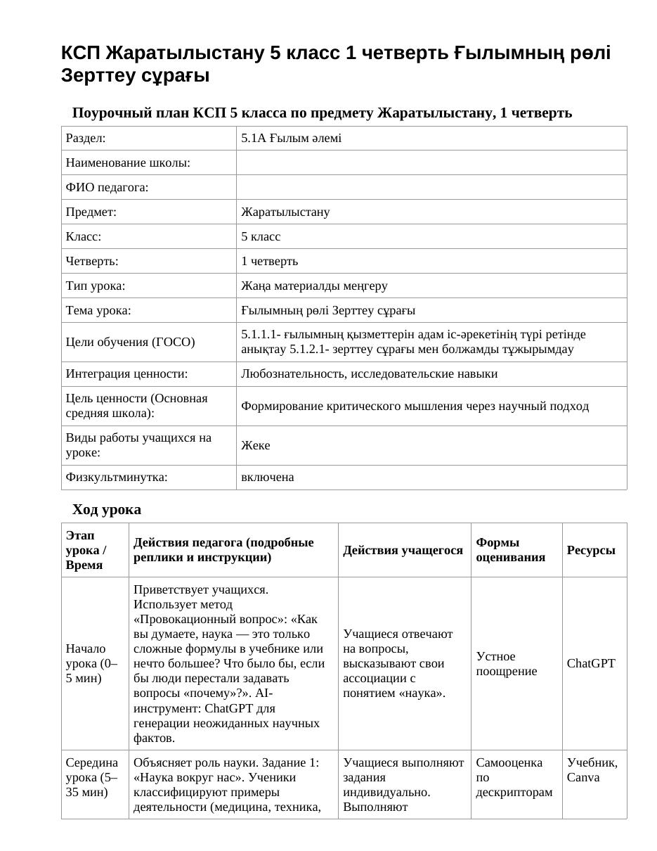 КСП Жаратылыстану 5 класс 1 четверть Ғылымның рөлі Зерттеу сұрағы