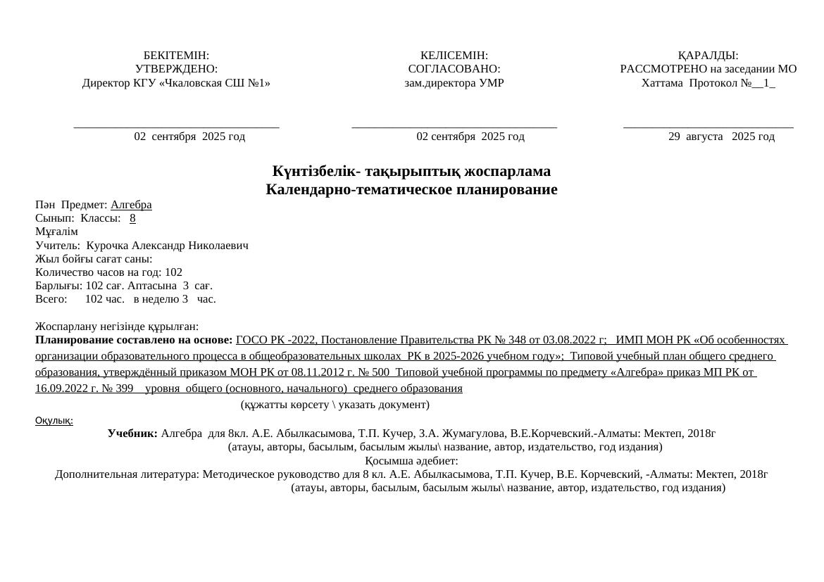 КТП  алгебра 8 класс 2025-2026 уч.год