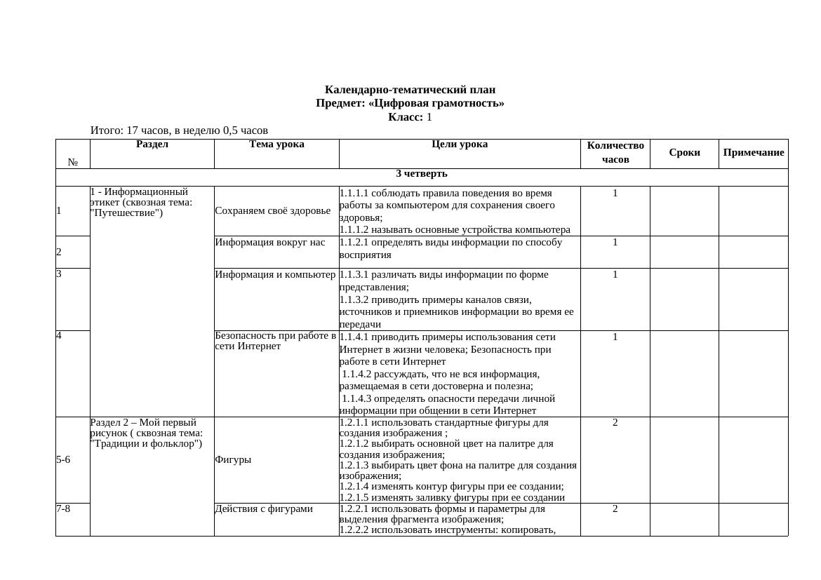 КТП 1 класс информатика