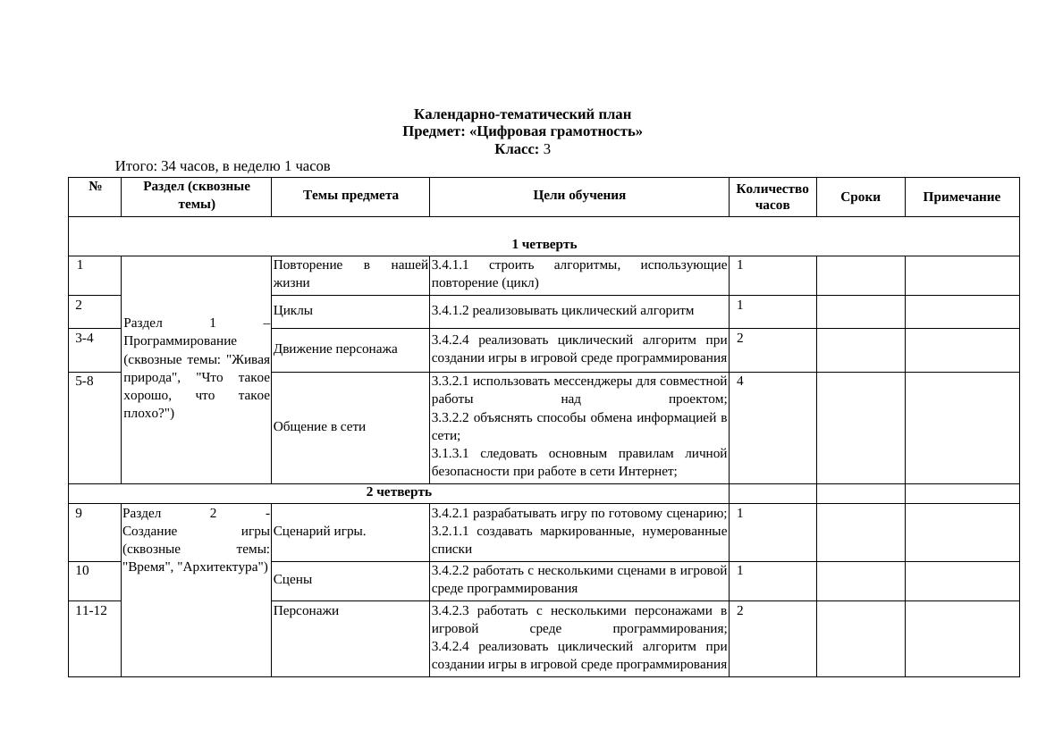 КТП 3 класс информатика