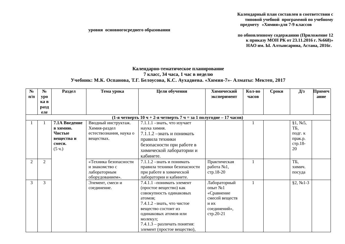 КТП 7 класс химия рус 1ч