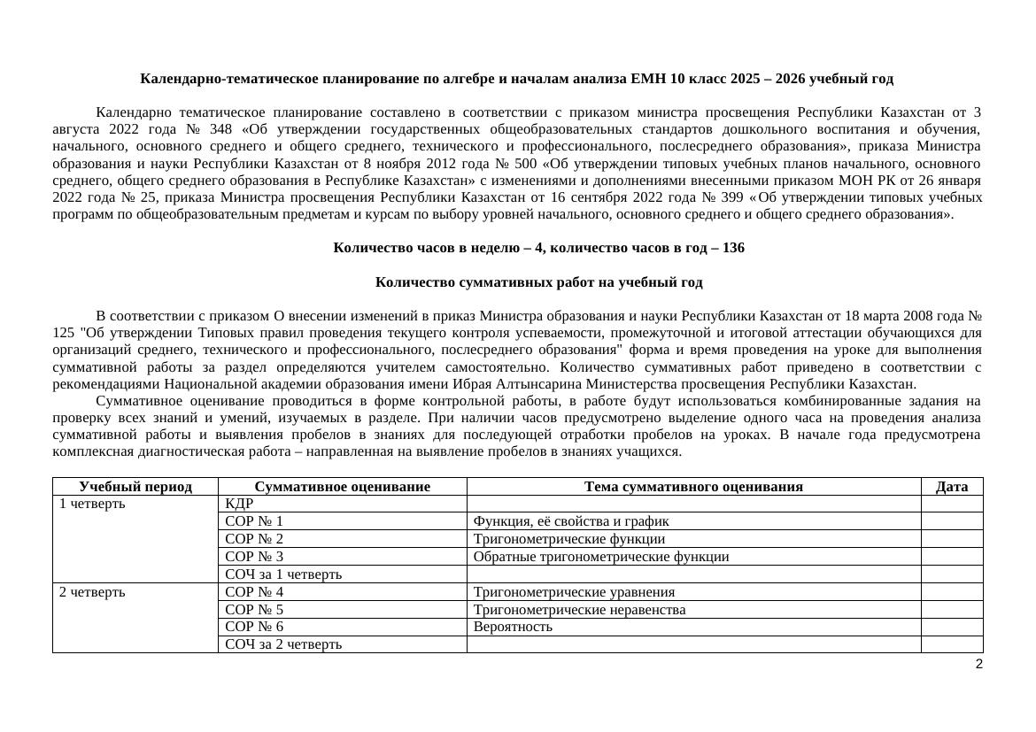 КТП Алгебра 10 ЕМН