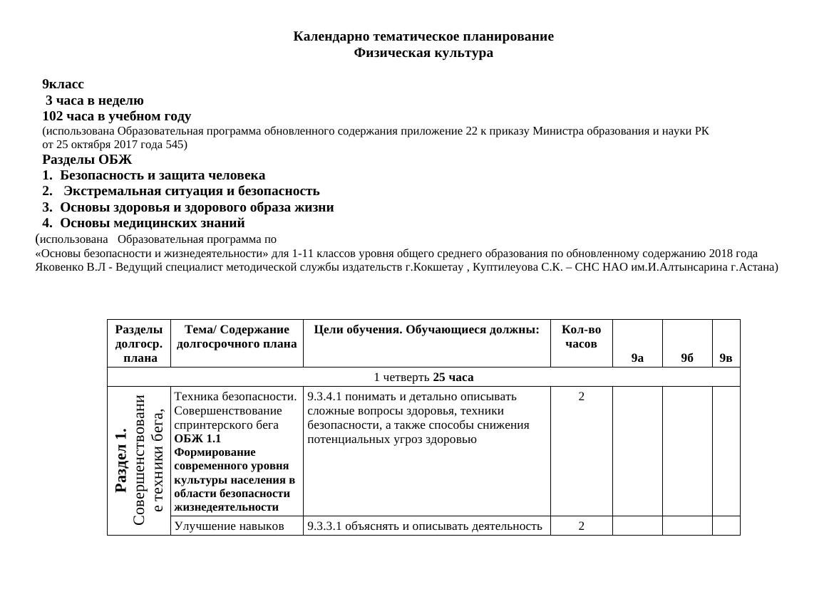 КТП  Физическая культура  9 класс