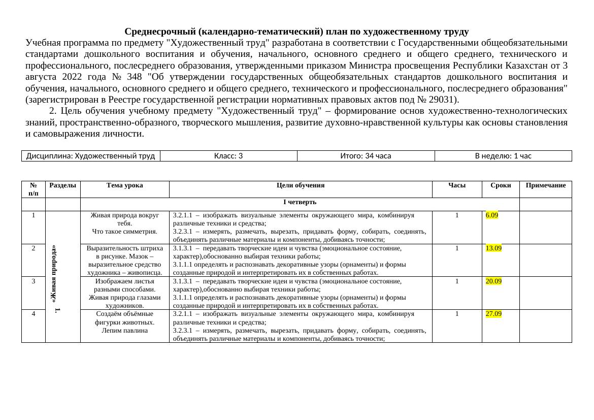 ктп художественный труд 3 класс