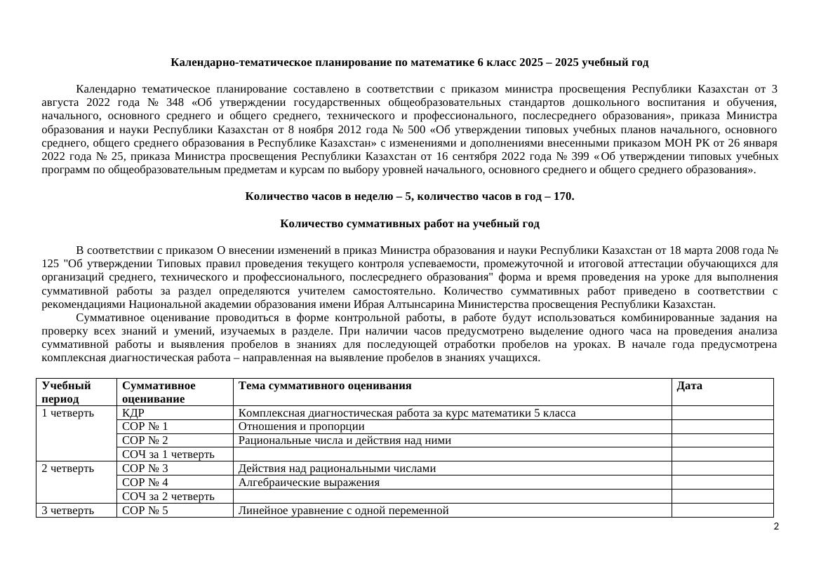 КТП Математика 6 класс