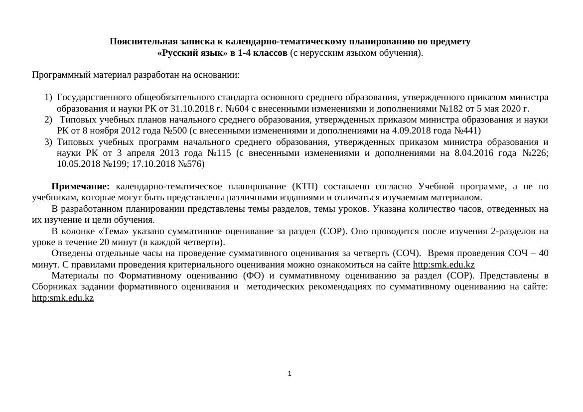 Календарно-тематическое планирование по русскому языку для 1-4 классов с не