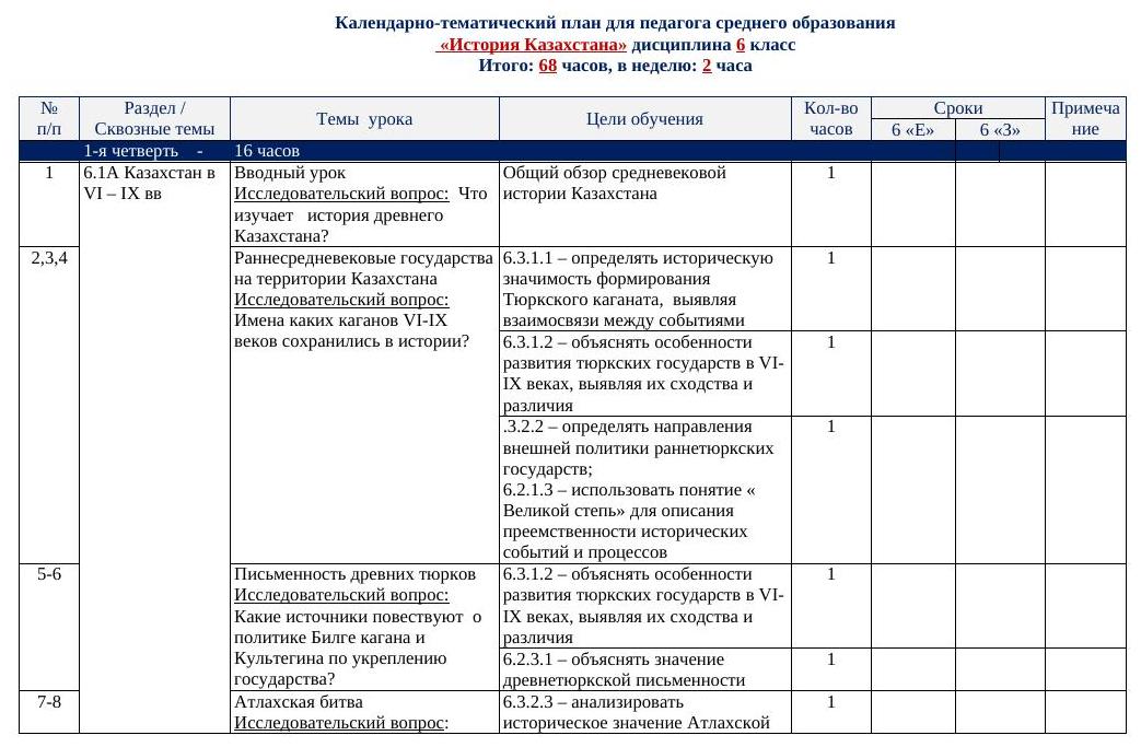 КТП 6 класс История Казахстана 2026-2027