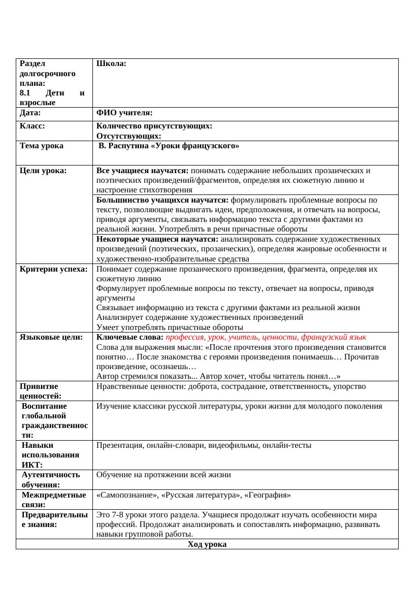 8 класс: Уроки литературы по В. Распутину «Уроки французского»