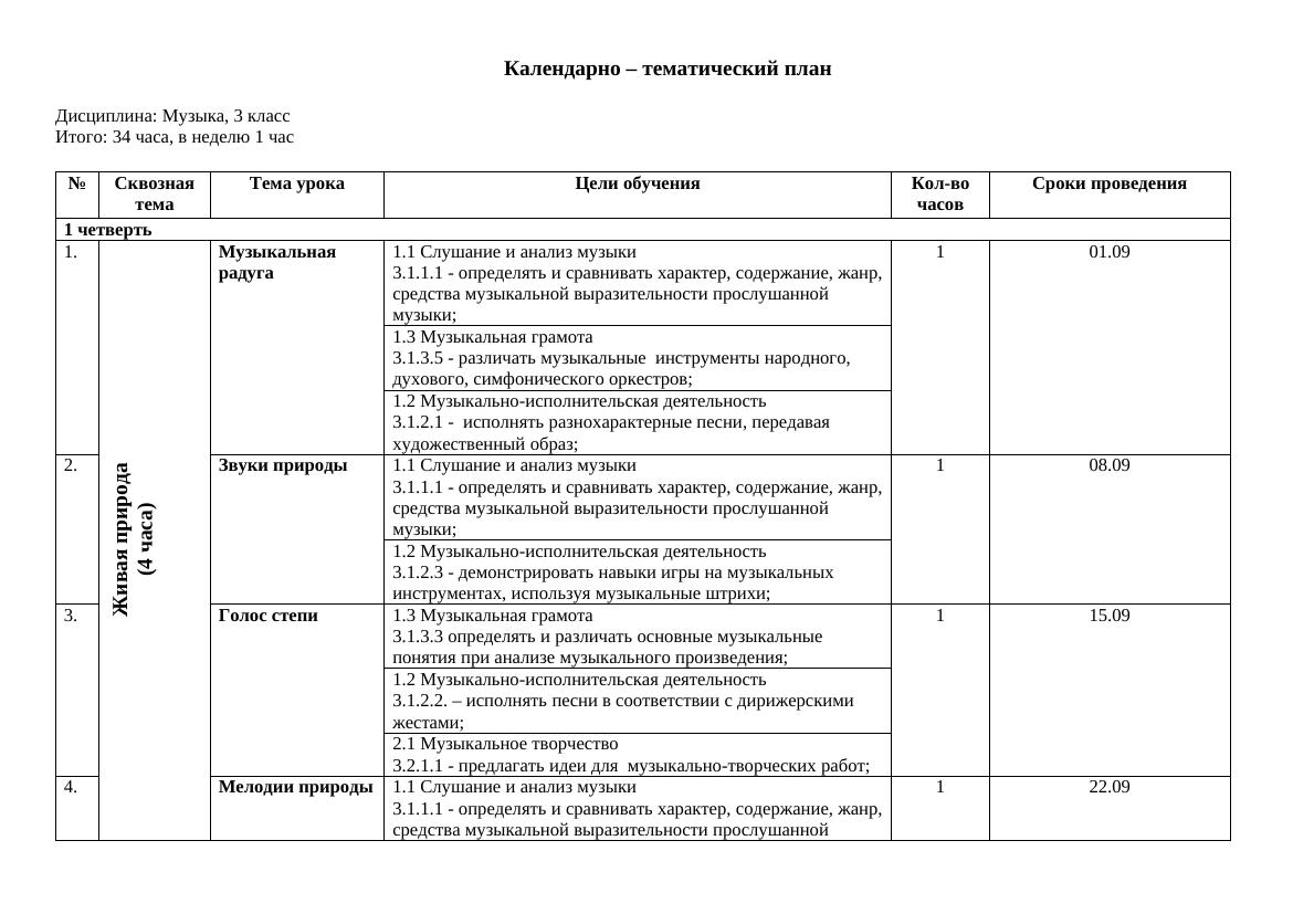 🎵Музыка для 3 класса: Календарный план и темы уроков