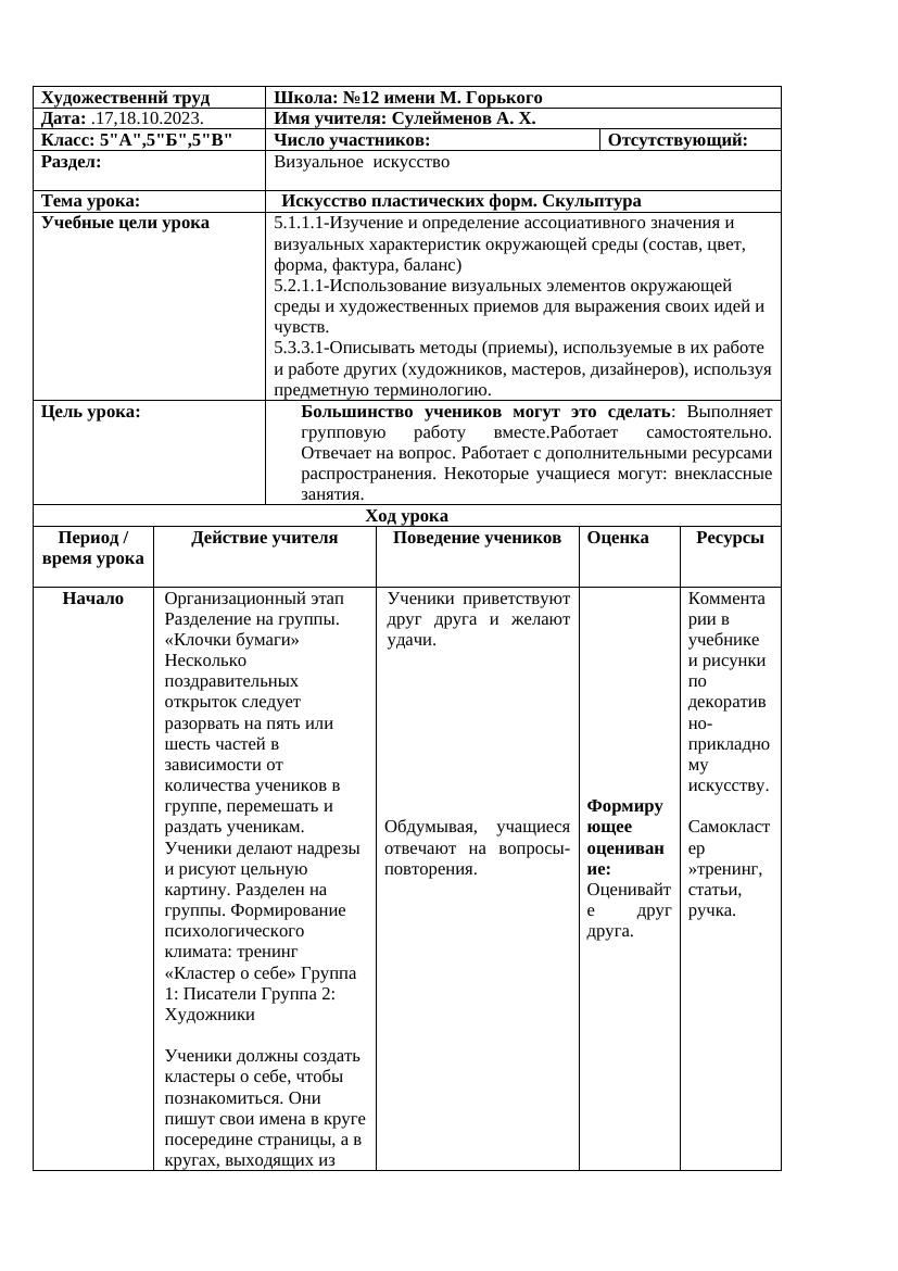 5 класс: урок по скульптуре и пластическому искусству 17–18.10.2023