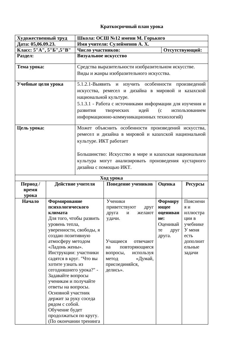 5 класс: 1-й урок художественного труда – средства выразительности в искусс
