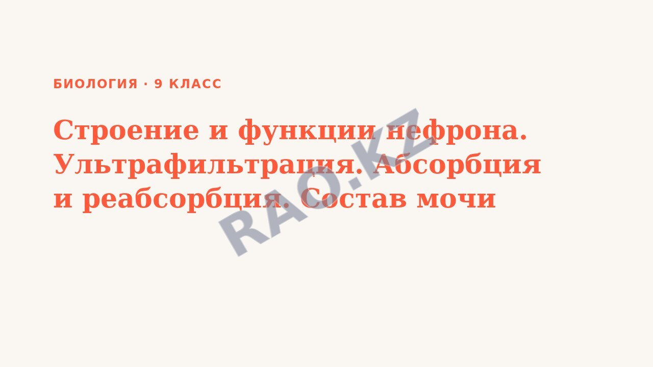 Презентация Биология 9 класс Строение и функции нефрона. Ультрафильтрация. Абсорбция и реабсорбция. Состав мочи