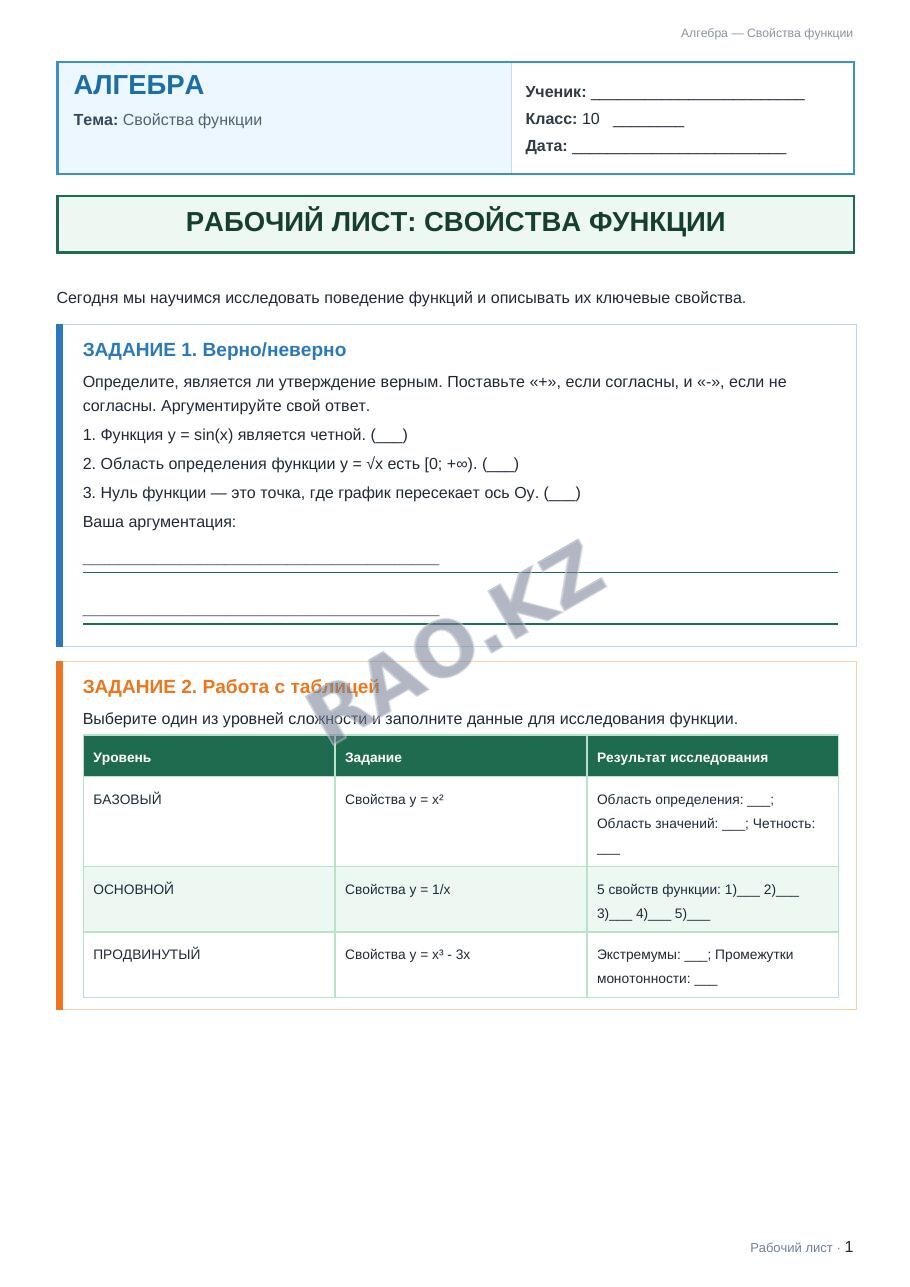 Рабочий лист Алгебра 10 класс 1 четверть Свойства функции