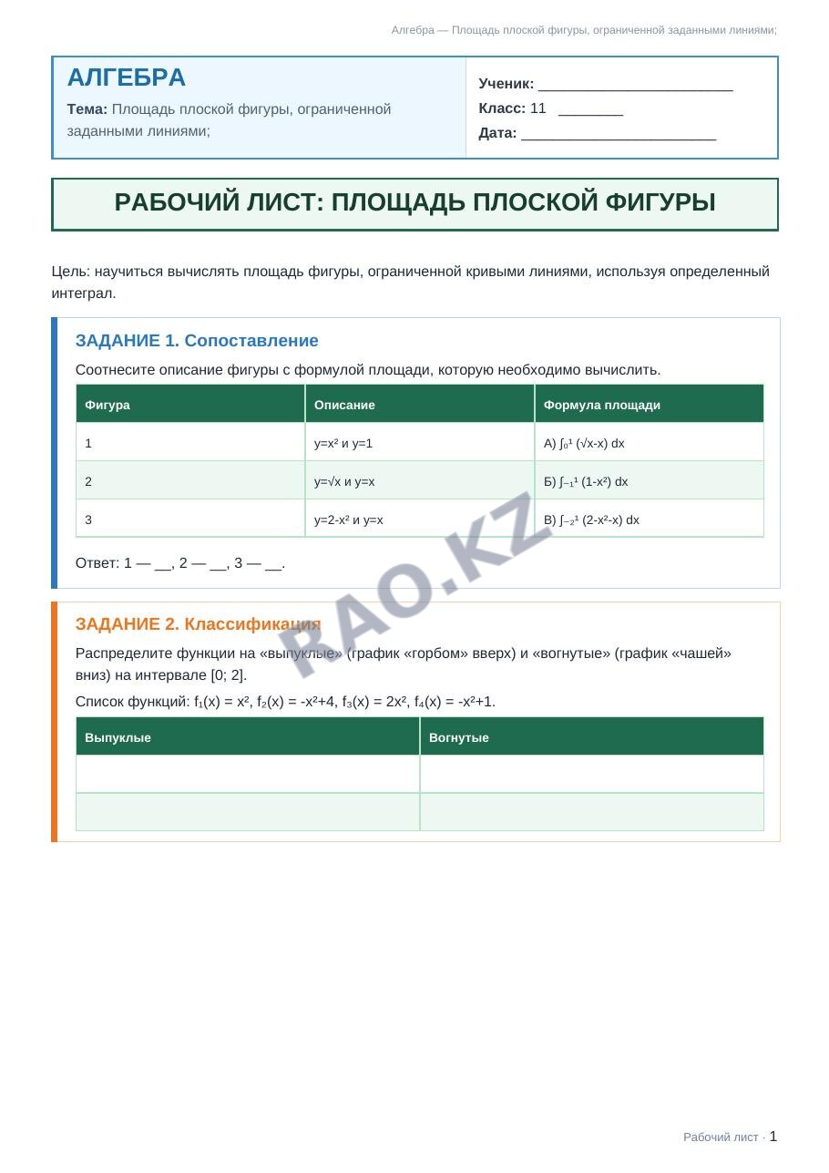 Рабочий лист Алгебра 11 класс 1 четверть Площадь плоской фигуры, ограниченной заданными линиями;
