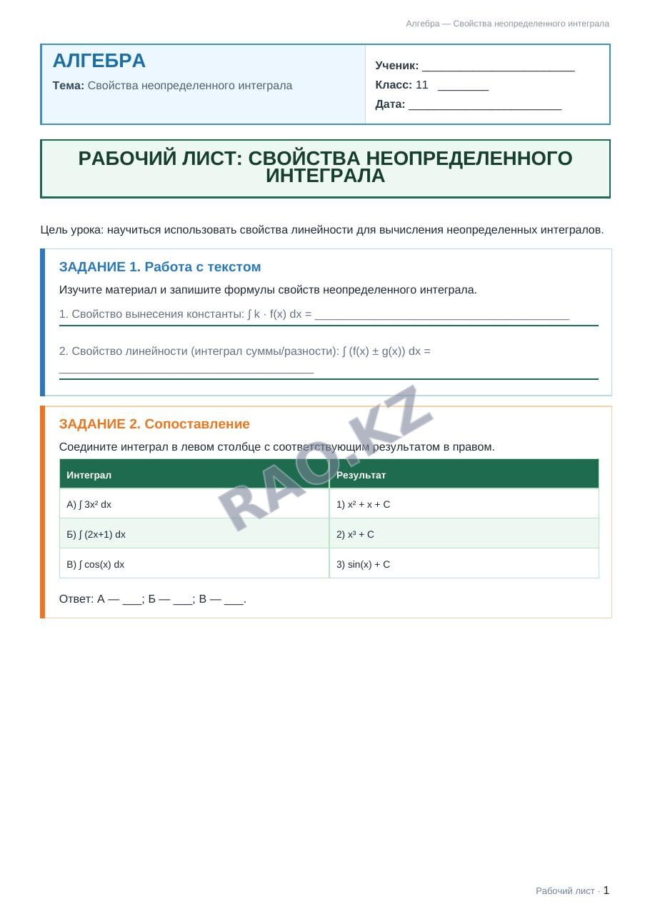 Рабочий лист Алгебра 11 класс 1 четверть Свойства неопределенного интеграла