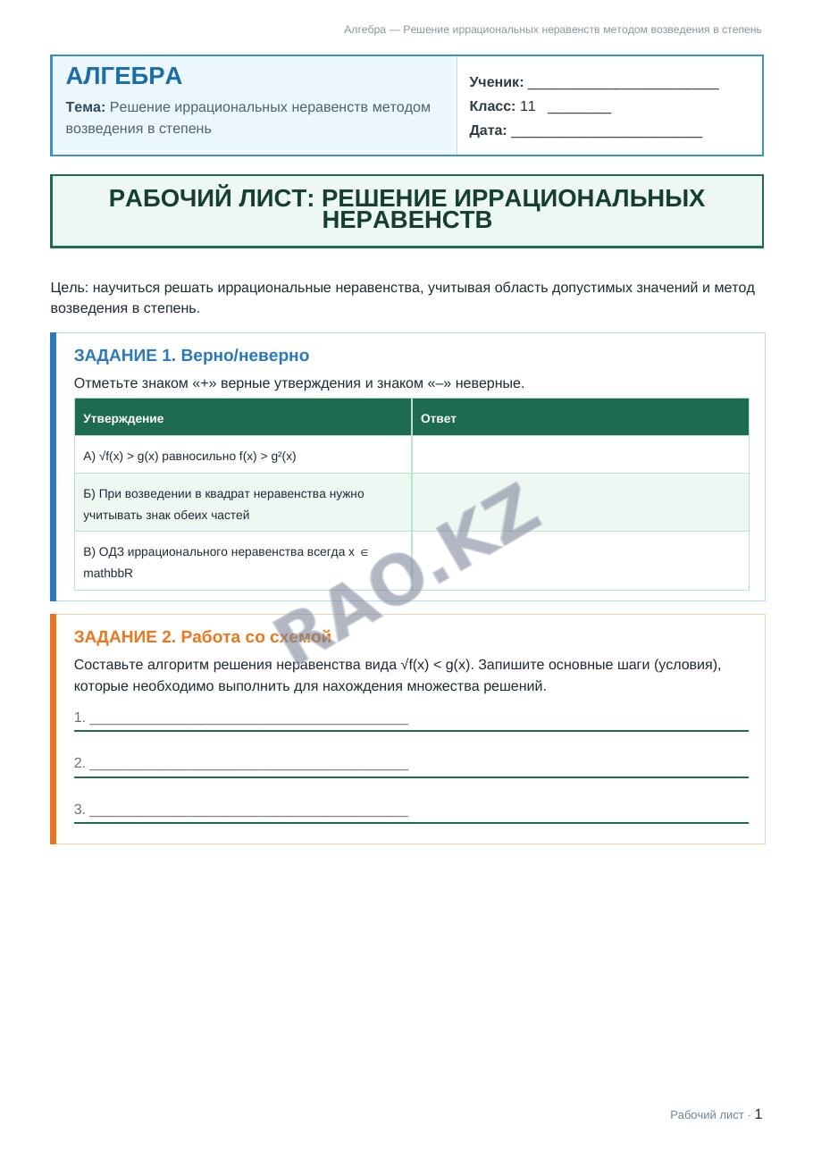 Рабочий лист Алгебра 11 класс 2 четверть Решение иррациональных неравенств методом возведения в степень
