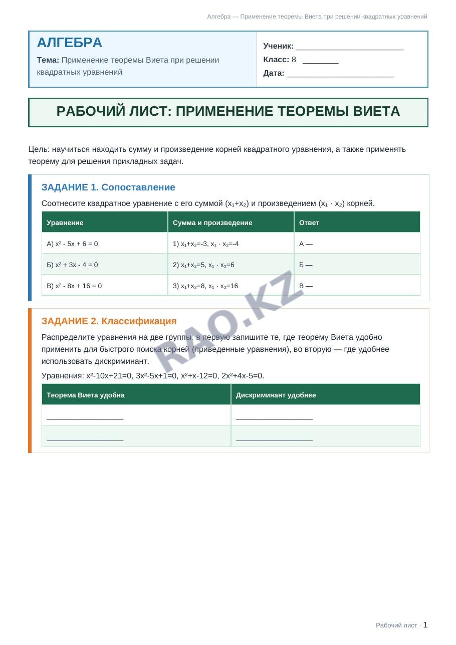 Рабочий лист Алгебра 8 класс 2 четверть Применение теоремы Виета при решении квадратных уравнений