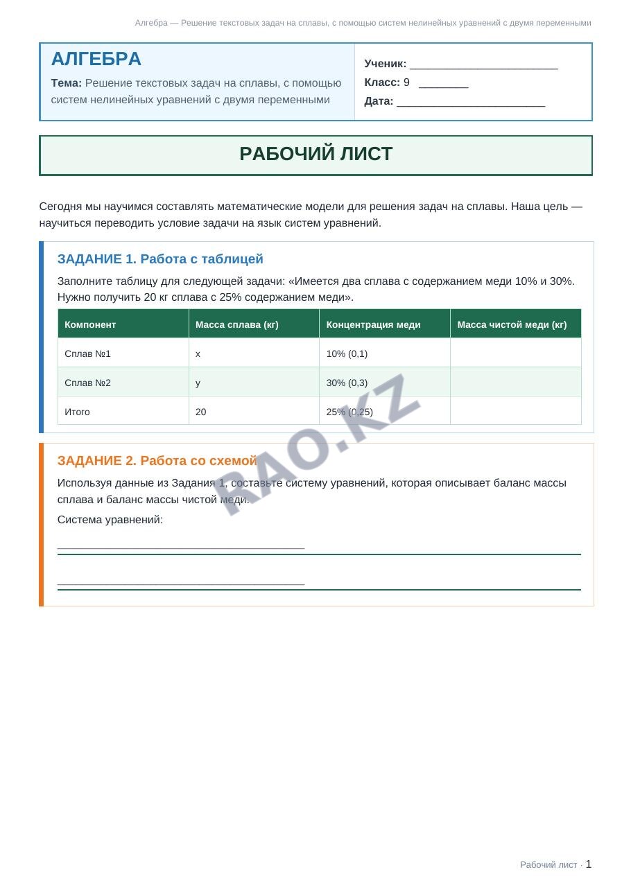 Рабочий лист Алгебра 9 класс 1 четверть Решение текстовых задач на сплавы, с помощью систем нелинейных уравнений с двумя переменными