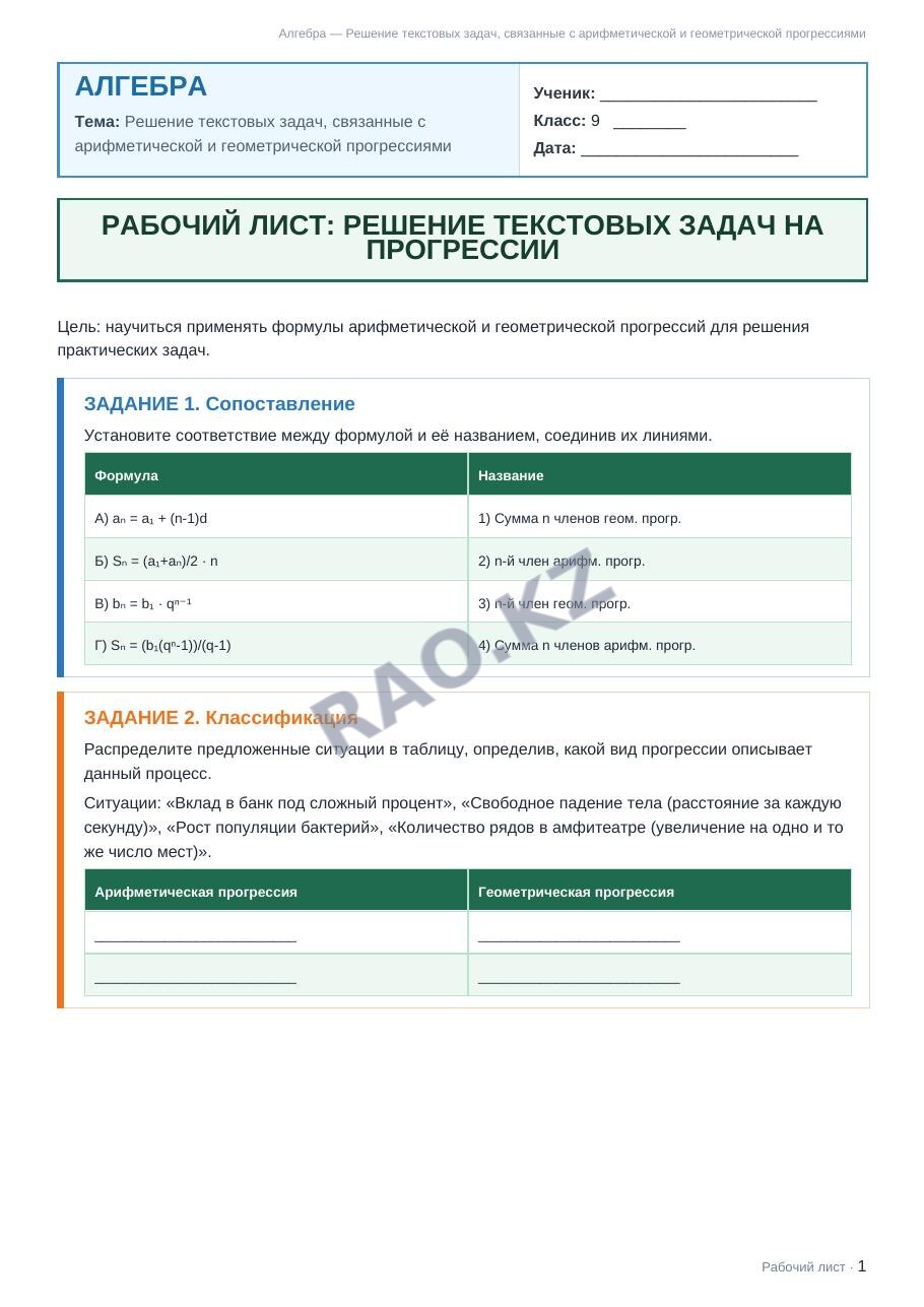 Рабочий лист Алгебра 9 класс 2 четверть Решение текстовых задач, связанные с арифметической и геометрической прогрессиями