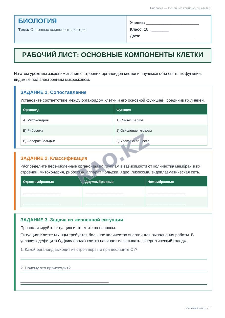 Рабочий лист Биология 10 класс 1 четверть Основные компоненты клетки.